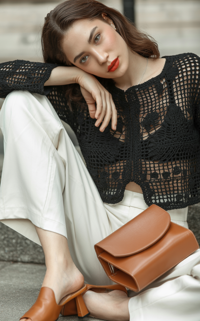 A natural-looking young beautiful woman wearing a black crochet top styled with tailored white trousers, sleek leather mules, a structured handbag, and bold red lipstick.