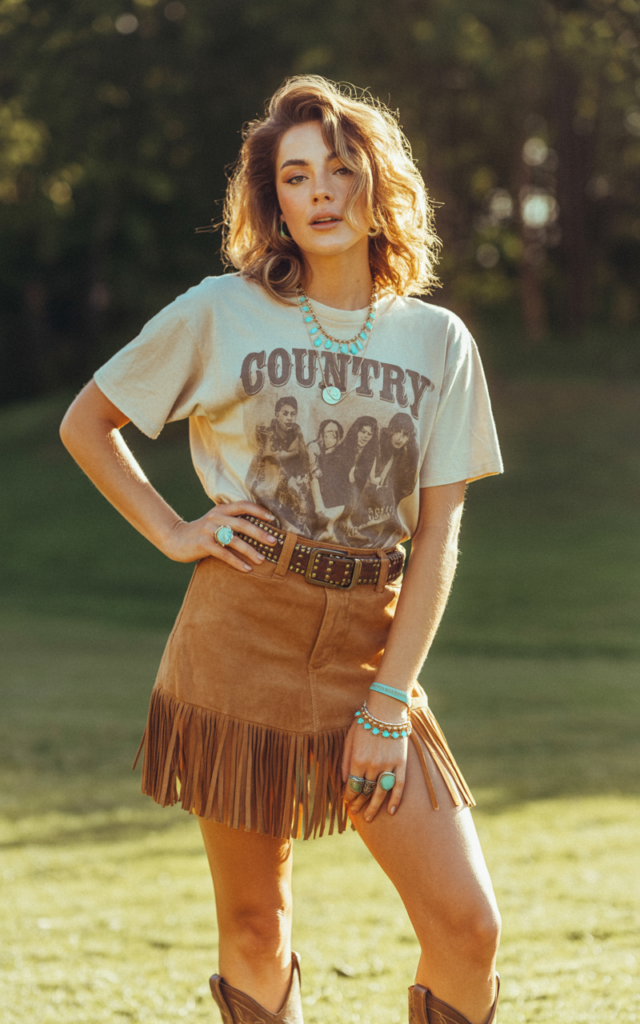 A natural-looking young beautiful woman wearing a vintage country band tee tucked into a suede fringe mini skirt paired with western cowboy boots, a studded belt, turquoise jewelry, chunky rings, and loose textured hair for a summer country concert outfit
