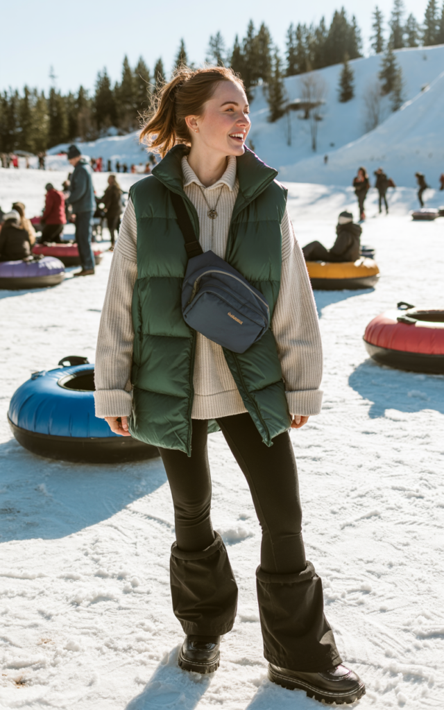 A natural-looking young beautiful woman wearing a quilted vest layered over a chunky knit sweater with fleece-lined snow leggings, waterproof winter boots, and a small crossbody backpack at a snowy tubing park.