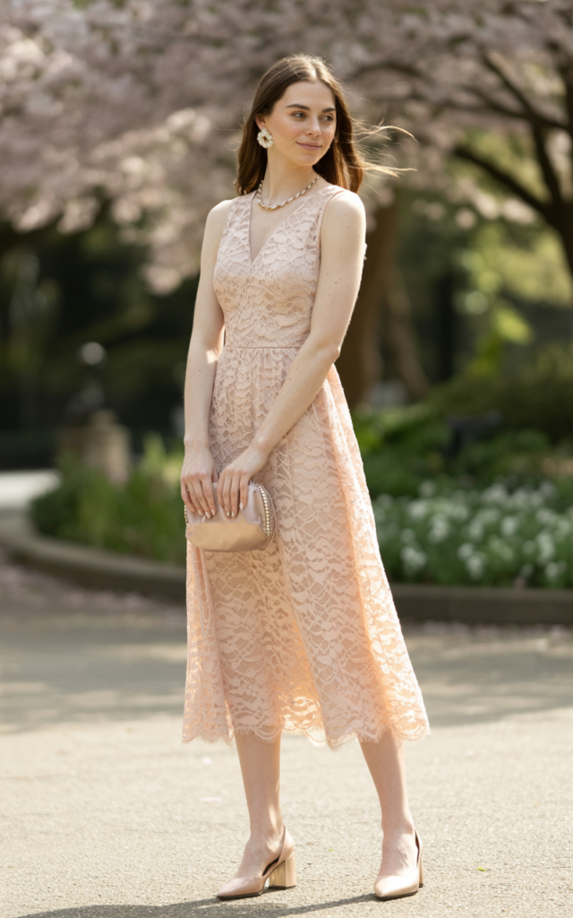 A natural-looking young beautiful woman wearing a blush lace midi dress paired with nude heels, pearl stud earrings, a delicate necklace, and a small satin clutch for a romantic spring wedding guest look