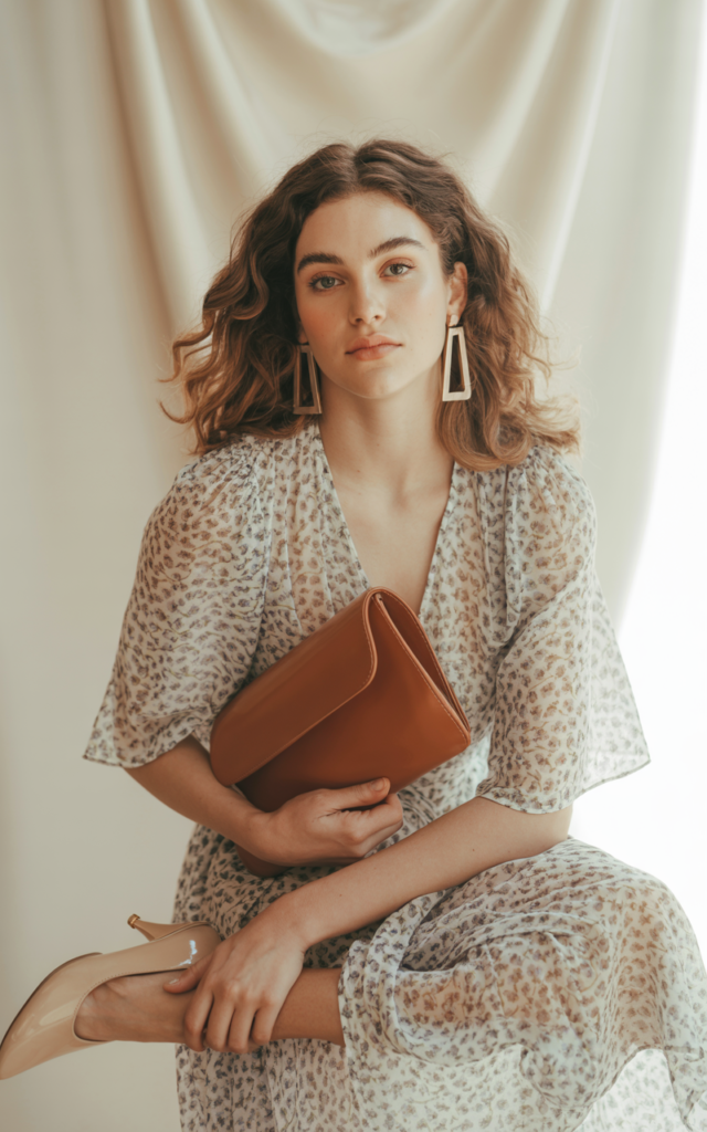 A natural-looking young beautiful woman wearing a printed wrap dress with statement earrings, sleek heels, a chic clutch, and softly styled voluminous hair.
