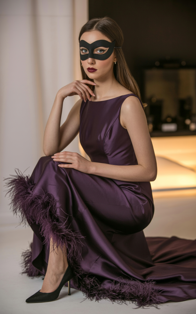 A natural-looking young beautiful woman wearing a fitted deep plum gown with subtle feather trim at the hem, a sleek structured masquerade eye mask, defined makeup, and elegant heels.