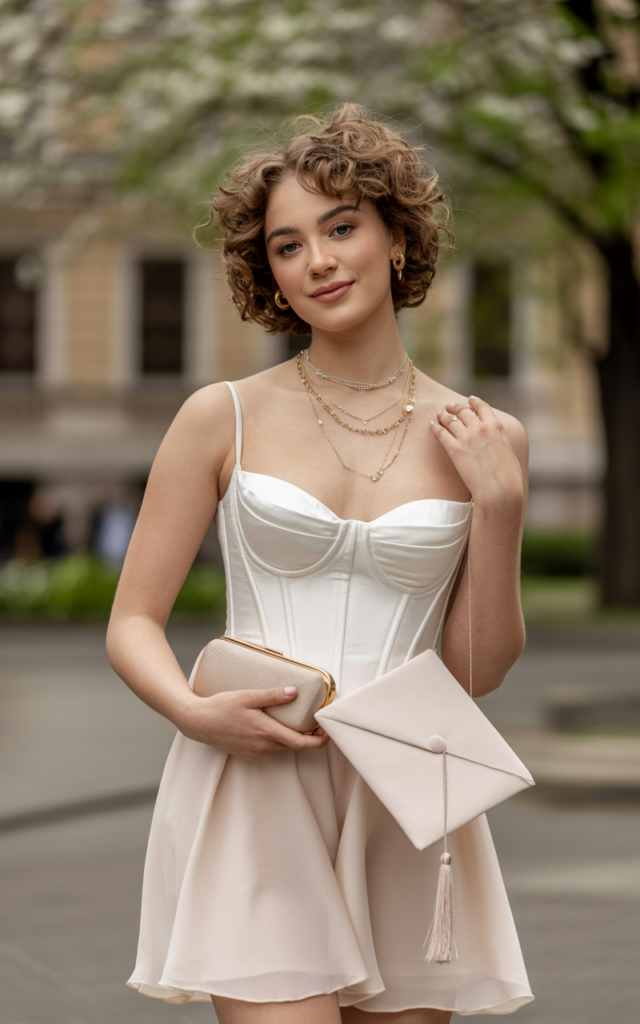 A natural-looking young beautiful woman wearing a white corset dress with a structured bodice and flowing skirt, thin strappy heels, layered gold necklaces, and a chic mini clutch, styled with soft curls for a fashionable graduation look