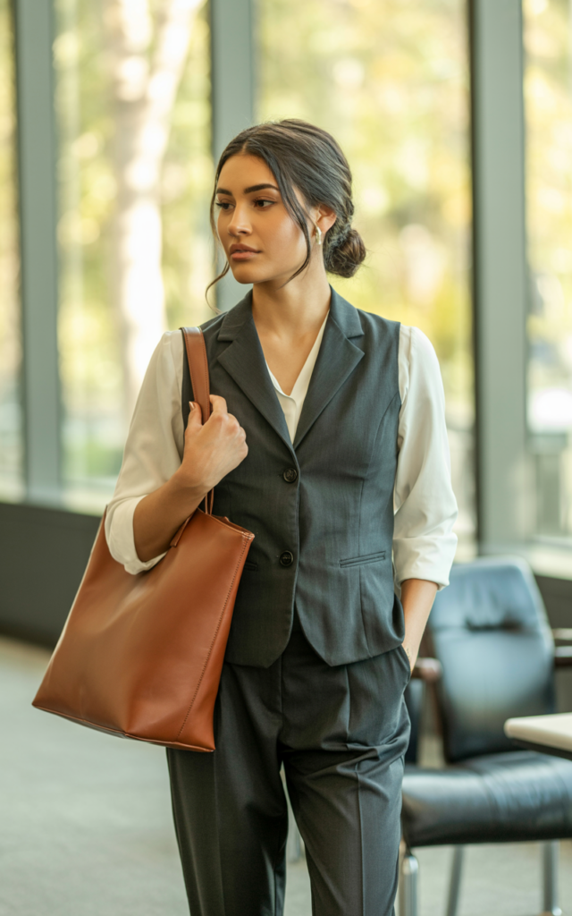 A natural-looking young beautiful woman wearing a tailored vest layered over a crisp blouse with matching tailored trousers, sleek loafers, a structured tote bag, and hair styled in a neat low bun for a modern career fair outfit.