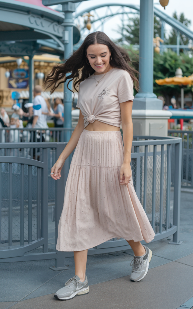 A natural-looking young beautiful woman wearing a lightweight midi skirt in soft cotton paired with a knotted tee at the waist, low-profile sneakers, delicate jewelry, and loose soft waves at a summer Disney park.