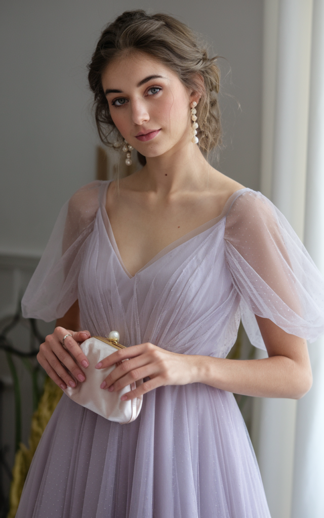 A natural-looking young beautiful woman wearing a dusty lavender soft tulle tea-length dress with elegant pumps, pearl drop earrings, a satin clutch, and romantic loose curls.