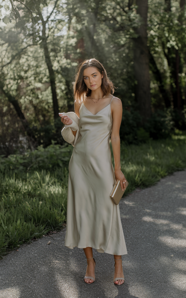 A natural-looking young beautiful woman wearing a silky slip dress layered with a lightweight cropped cardigan, minimalist heels, a small clutch, and softly styled hair for an elegant spring wedding guest outfit