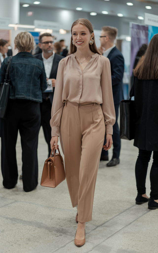 A natural-looking young beautiful woman wearing a soft flowy blouse tucked into ankle-length tailored pants, ballet flats, statement earrings, and carrying a minimalist handbag for a polished career fair style.