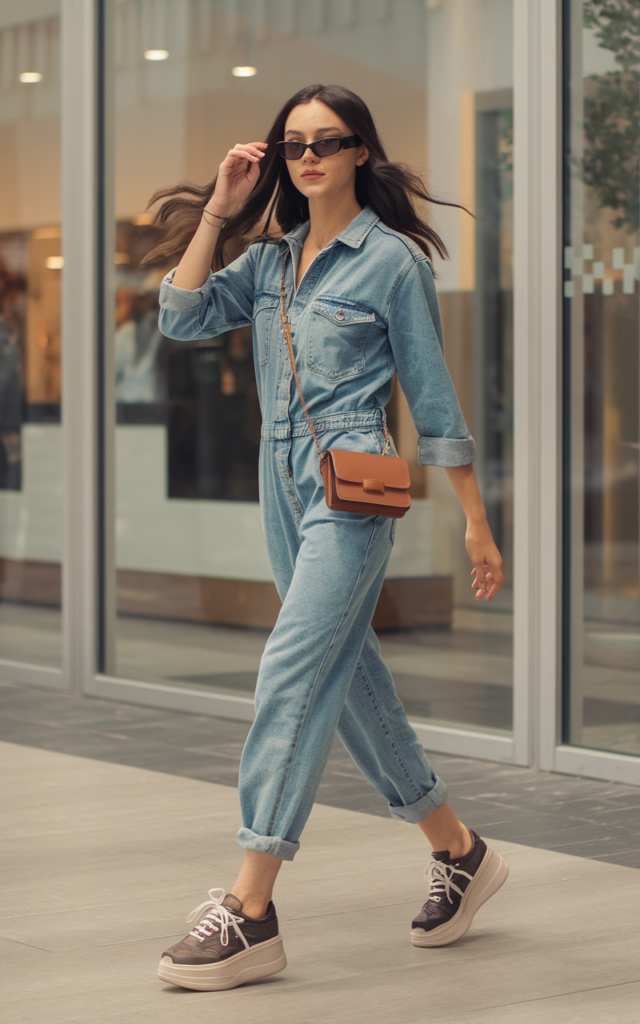 A natural-looking young beautiful woman wearing a relaxed denim jumpsuit with slightly rolled sleeves and cuffed hems, platform sneakers, a mini crossbody bag, bold sunglasses, and soft waves for a cool one-piece mall outfit