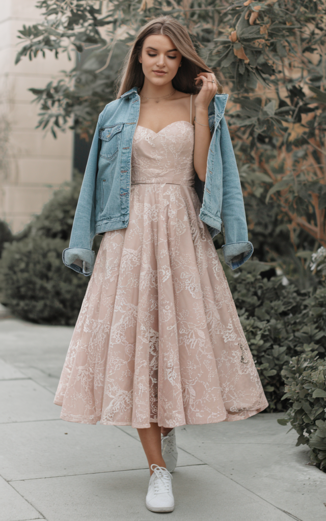A natural-looking young beautiful woman wearing a soft blush lace dress layered with a classic blue denim jacket, clean white sneakers, and minimal jewelry.