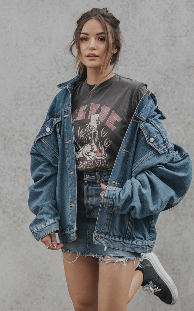 A natural-looking young beautiful woman wearing a graphic tee tucked into a mini skirt layered with an oversized denim jacket, cuffed sleeves, platform sneakers, loose hair, and light dewy makeup, styled for a Lauren Spencer Smith concert.