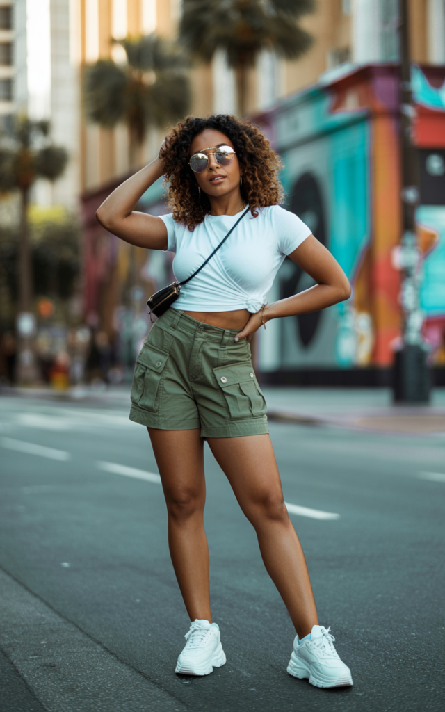 A natural-looking young beautiful woman wearing trendy cargo shorts with a fitted tee tucked in, chunky sneakers, sporty sunglasses, and a casual crossbody bag for a street-style inspired Disney outfit.
