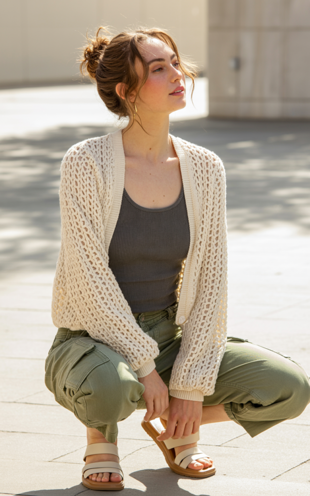 A natural-looking young beautiful woman wearing a lightweight crochet top layered open over a fitted ribbed tank, cargo pants, chunky sandals, and styled with a messy bun.