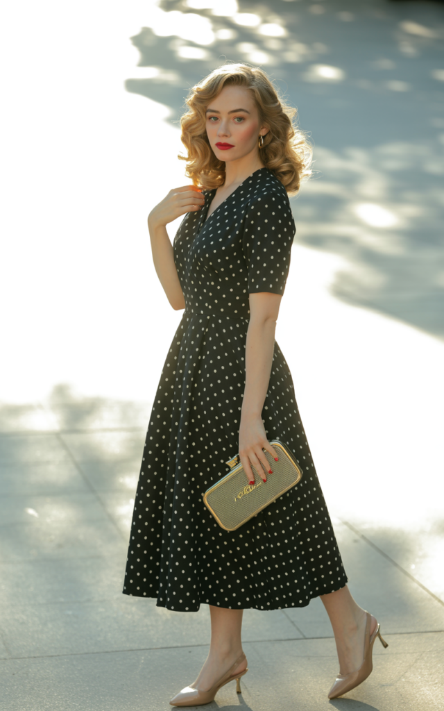 A natural-looking young beautiful woman wearing a black polka dot midi dress with elegant kitten heels, a vintage-style clutch bag, soft waves, and classic red lipstick.