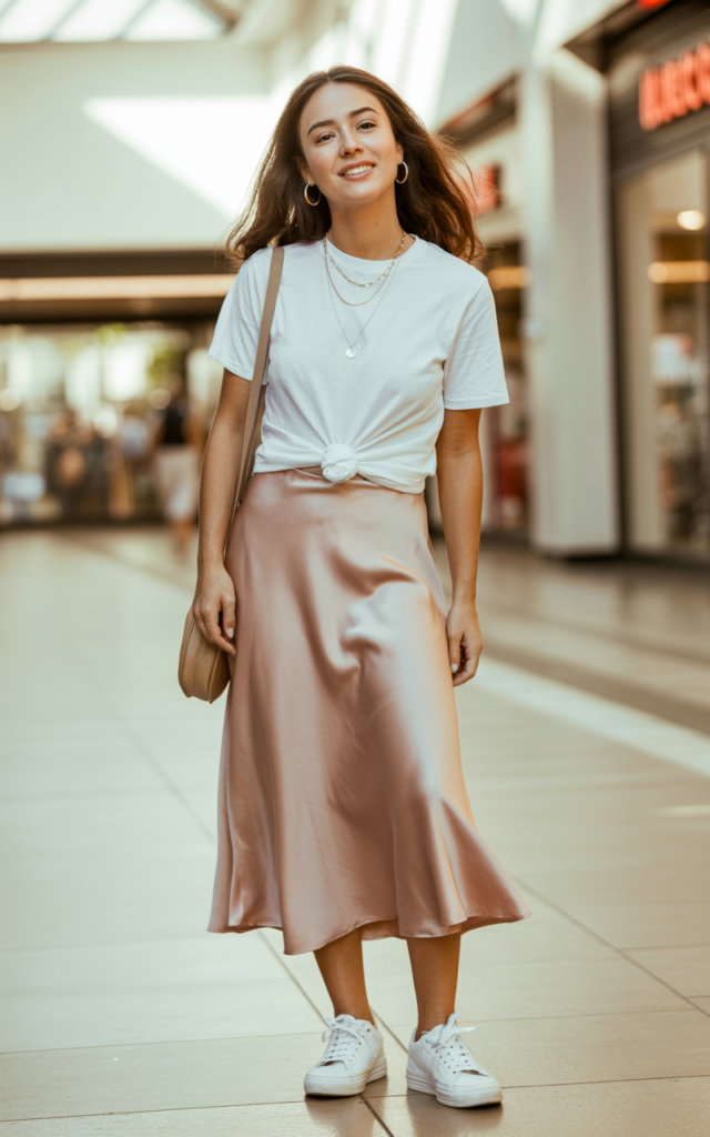 A natural-looking young beautiful woman wearing a satin midi skirt with a tucked-in plain white tee, white sneakers, delicate layered necklaces, small hoop earrings, and a simple shoulder bag for a feminine casual mall outfit