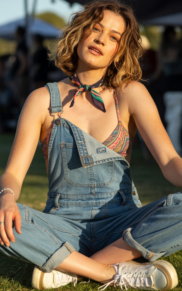 A natural-looking young beautiful woman wearing distressed denim overalls with one strap undone, a bold bikini top underneath, rolled hems, chunky sneakers, a bandana accessory, and playful festival-ready hair.