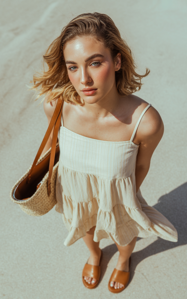 A natural-looking young beautiful woman wearing a tiered ruffle dress with flat leather sandals, a woven handbag, loose beachy waves, and natural glowing makeup.