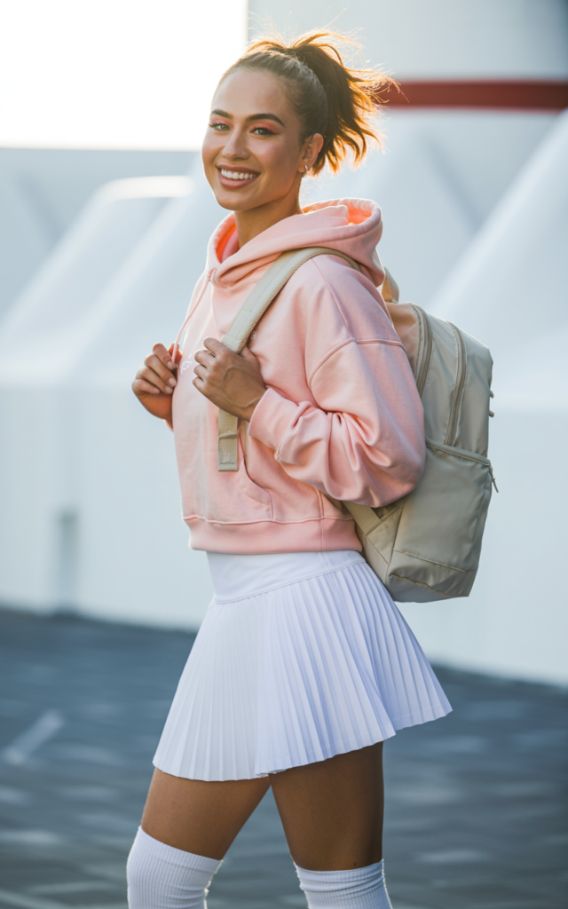 A natural-looking young beautiful woman wearing a pastel cropped hoodie, a white tennis skirt, white sneakers with tall socks, a small backpack, and a playful high ponytail.