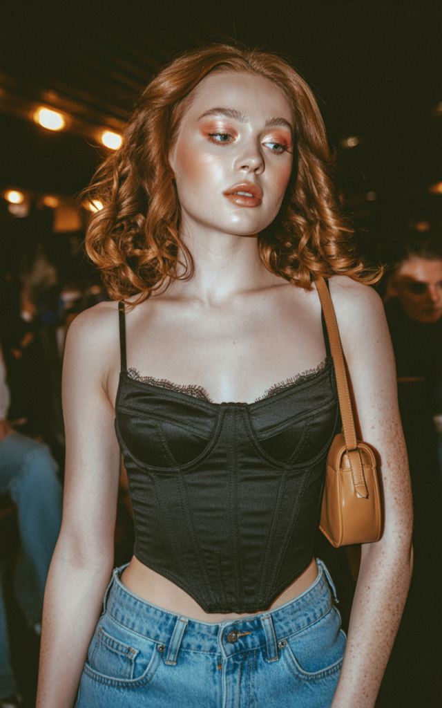 A natural-looking young beautiful woman wearing a structured corset-style top paired with relaxed straight-leg jeans, strappy heels, a small shoulder bag, softly curled hair, and glowing makeup, styled for a Lauren Spencer Smith concert.