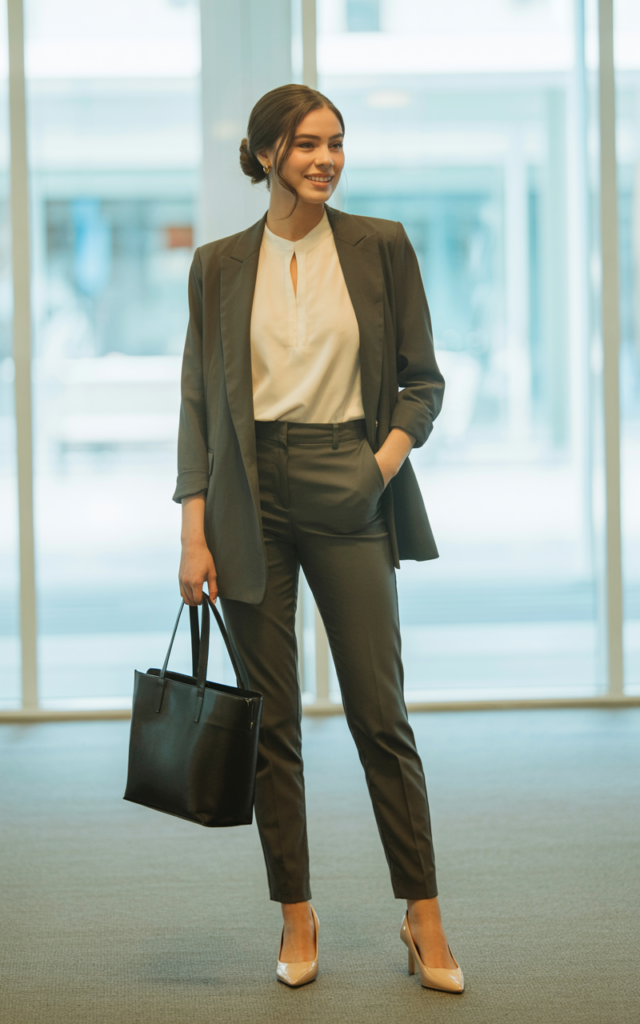 A natural-looking young beautiful woman wearing a sleeveless shell top layered under a fitted blazer paired with slim trousers, neutral heels, and carrying a structured tote bag for a clean professional career fair outfit.