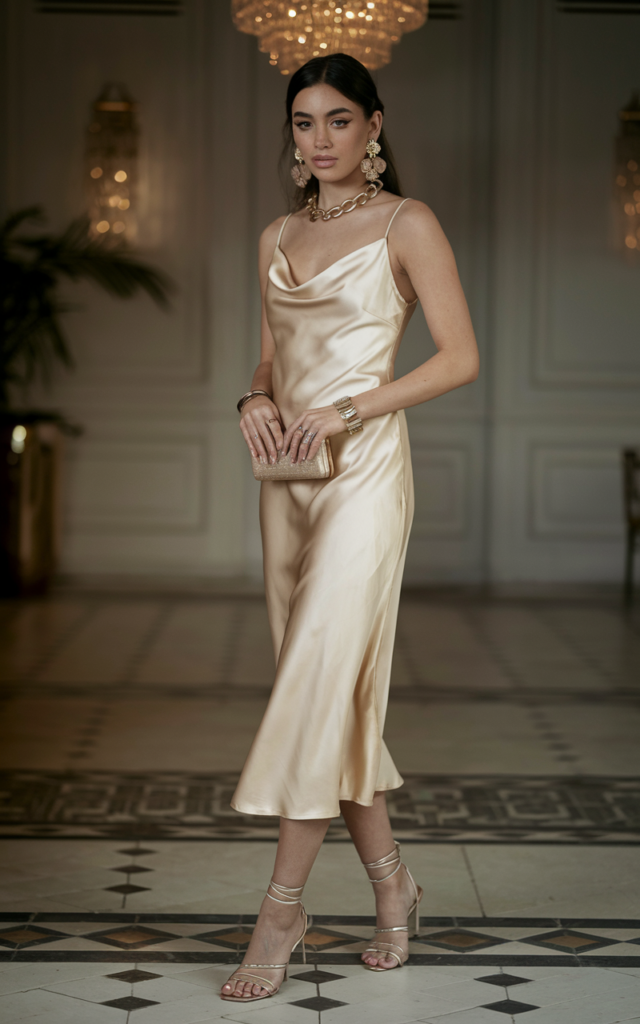 A natural-looking young beautiful woman wearing a champagne satin slip dress, strappy heels, layered gold chains, statement earrings, stacked rings, and a small evening clutch.