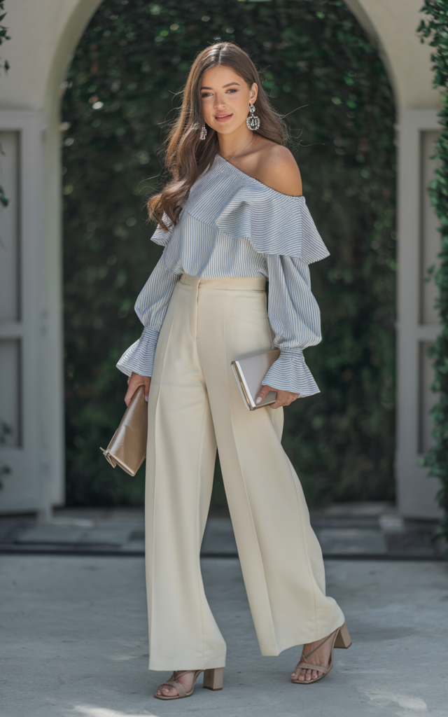 A natural-looking young beautiful woman wearing tailored wide-leg cream trousers with a stylish off-shoulder blouse, strappy heels, statement earrings, and a sleek clutch bag for a modern spring wedding guest outfit
