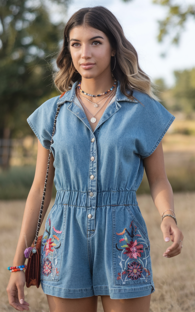 A natural-looking young beautiful woman wearing a cinched waist denim romper styled with colorful embroidered statement cowboy boots, layered necklaces, hoop earrings, and a small crossbody bag with soft natural waves for a summer country concert outfit
