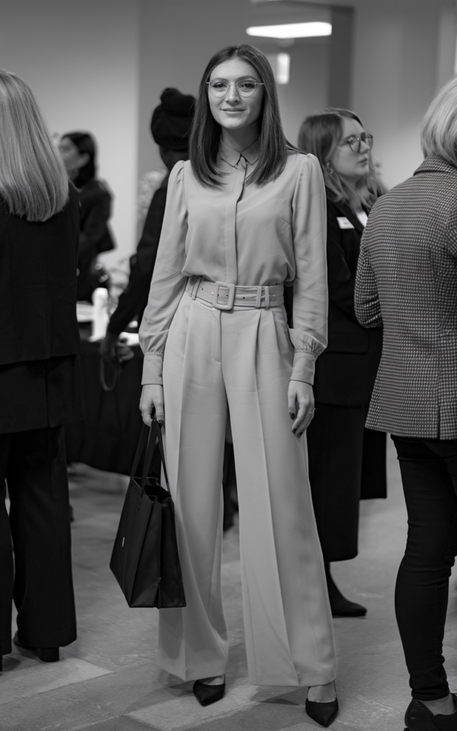 A natural-looking young beautiful woman wearing wide-leg trousers with a fitted blouse tucked in, a slim belt defining the waist, block heels, and a professional tote bag for a stylish career fair look.