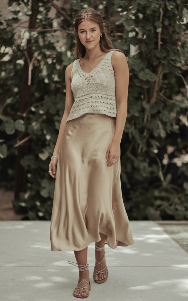 A natural-looking young beautiful woman wearing a neutral crochet tank tucked into a champagne satin midi skirt, minimal elegant jewelry, and delicate strappy sandals.