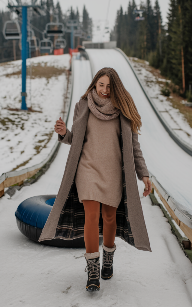 A natural-looking young beautiful woman wearing a soft sweater dress layered over thermal tights with a long wool coat, winter boots with strong grip soles, and a wool scarf on a snowy tubing hill.