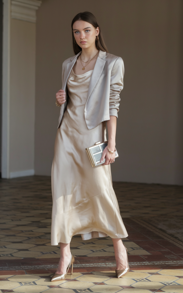 A natural-looking young beautiful woman wearing a champagne silk slip dress layered with a cropped blazer, pointed heels, a structured clutch, delicate gold jewelry, and sleek straight hair.