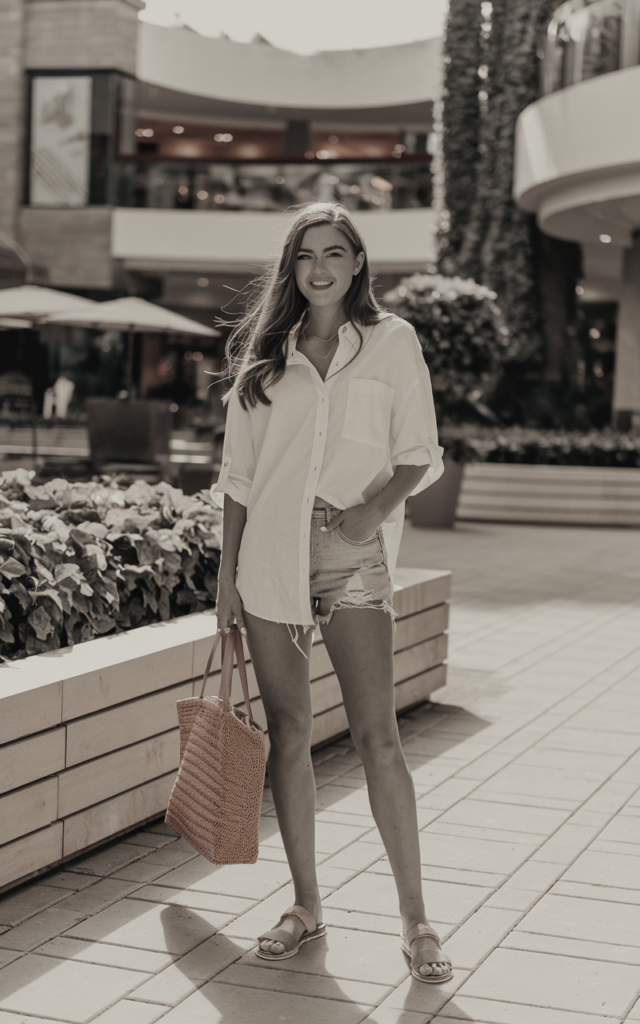 A natural-looking young beautiful woman wearing denim shorts, an oversized white button-down shirt loosely tucked in front with rolled sleeves, flat sandals, a woven tote bag, and loose beach waves for a breezy summer mall outfit