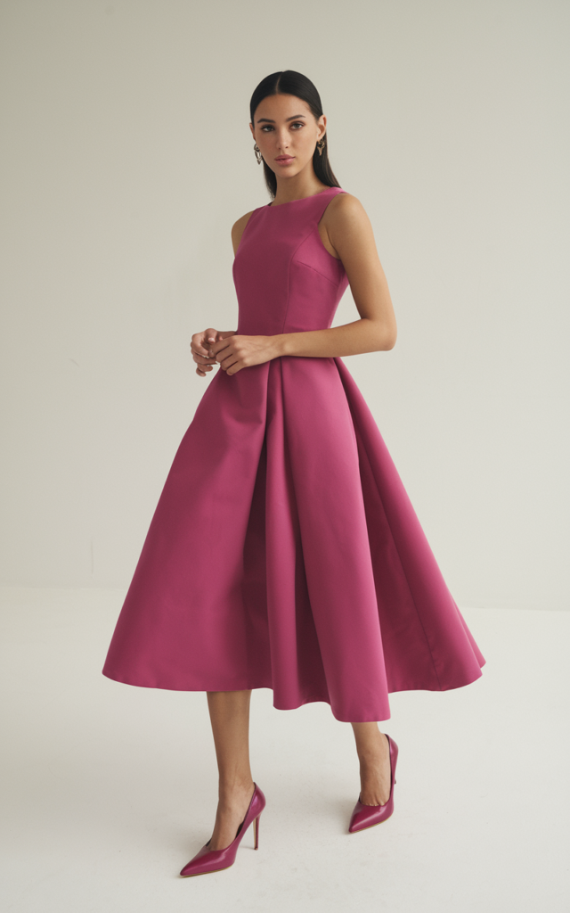 A natural-looking young beautiful woman wearing a bold fuchsia monochrome dress with matching heels, minimal accessories, and sleek polished hair.