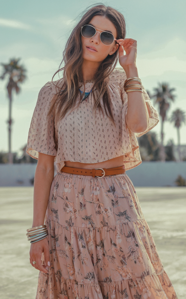 A natural-looking young beautiful woman wearing a tiered boho floral maxi skirt, a structured cropped blouse, a thin waist belt, layered bangles, oversized sunglasses, and loose romantic waves in a Coachella-inspired setting.