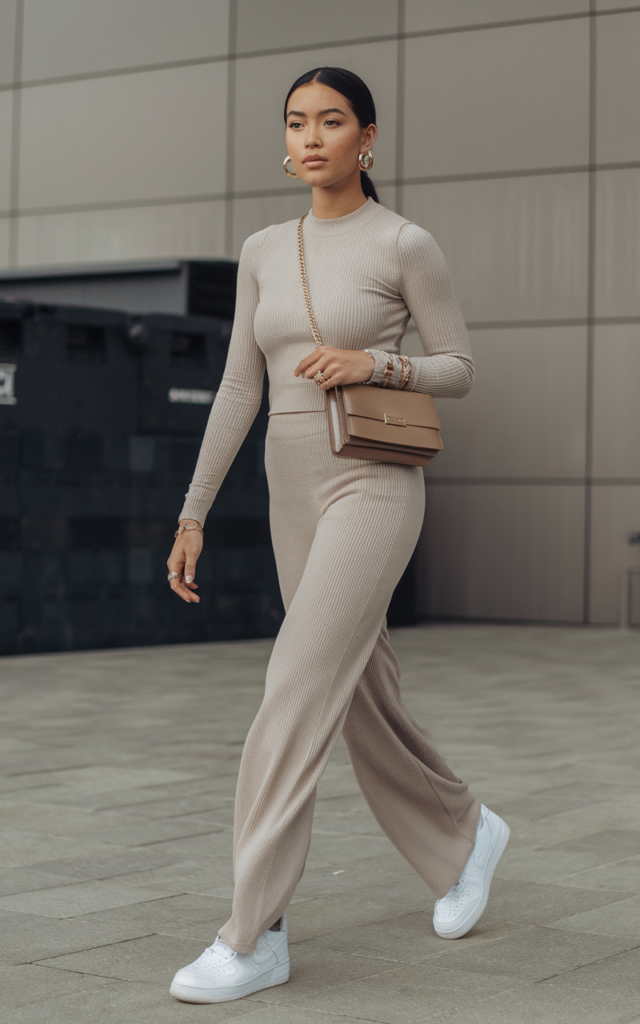 A natural-looking young beautiful woman wearing a monochrome beige knit top with matching wide-leg pants, crisp white sneakers, a structured crossbody bag, gold hoop earrings, and a sleek low ponytail, styled for a Lauren Spencer Smith concert.
