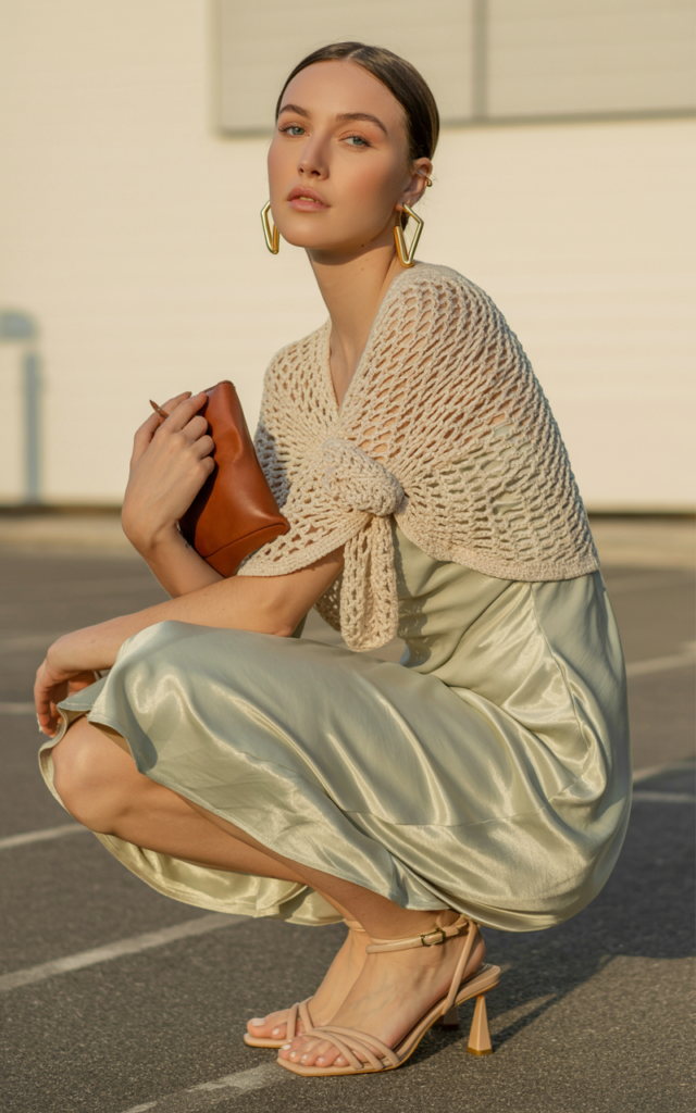 A natural-looking young beautiful woman wearing a loose crochet top knotted at the waist over a silky midi slip dress, heeled sandals, statement earrings, and holding a small clutch.