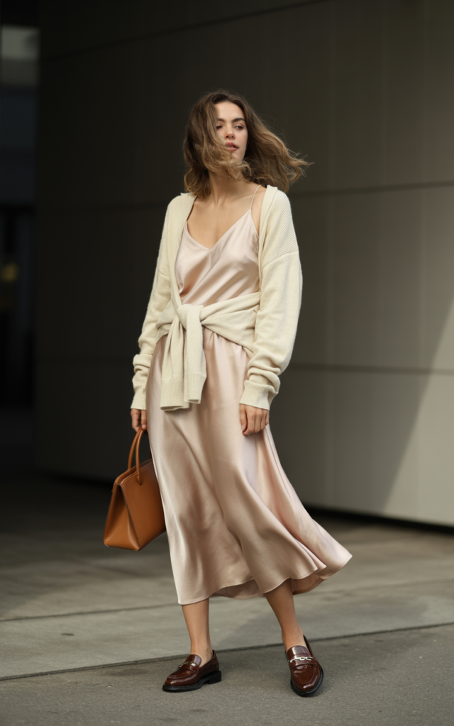 A natural-looking young beautiful woman wearing a satin slip dress styled with a lightweight sweater tucked at the waist to create a skirt effect, loafers, and a structured handbag with relaxed hair.