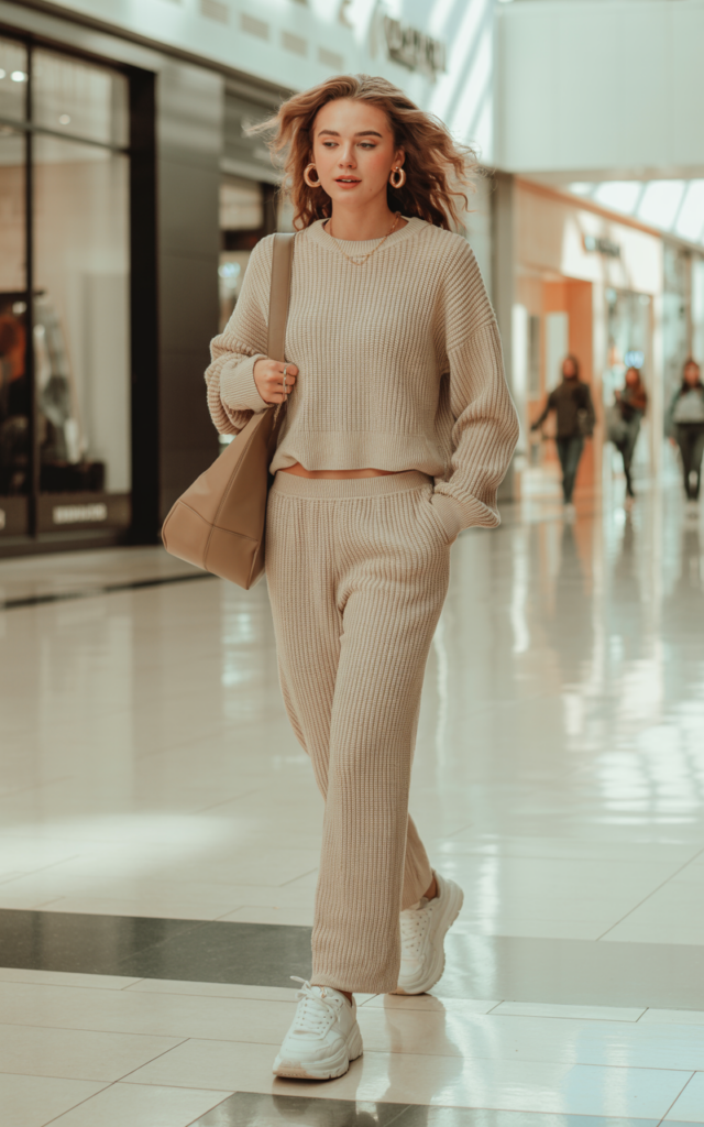 A natural-looking young beautiful woman wearing a neutral matching knit lounge set with wide-leg pants and a relaxed top, chunky sneakers, gold hoop earrings, and a sleek shoulder bag for an effortless trendy mall outfit