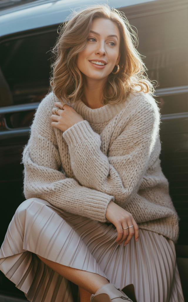 A natural-looking young beautiful woman wearing a cozy oversized chunky knit sweater half-tucked into a midi pleated skirt, ankle boots, soft waves, and natural glowing makeup, styled for a Lauren Spencer Smith concert.