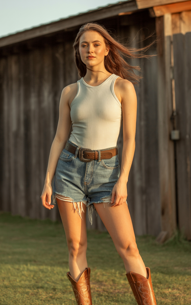 A natural-looking young beautiful woman wearing a ribbed fitted bodysuit tucked into distressed high-rise cutoffs, a chunky Western belt, and tall cowboy boots.