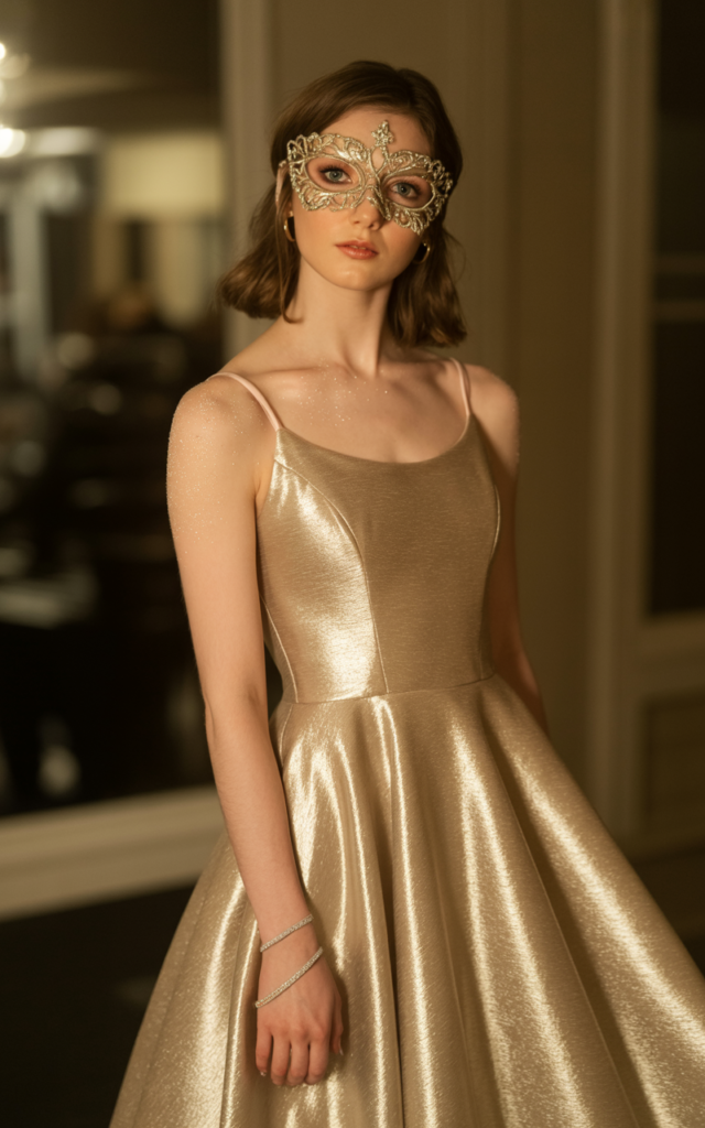 A natural-looking young beautiful woman wearing a metallic champagne A-line gown, a crystal-embellished masquerade mask, delicate ankle-strap heels, subtle body shimmer on her shoulders, and soft glowing makeup.