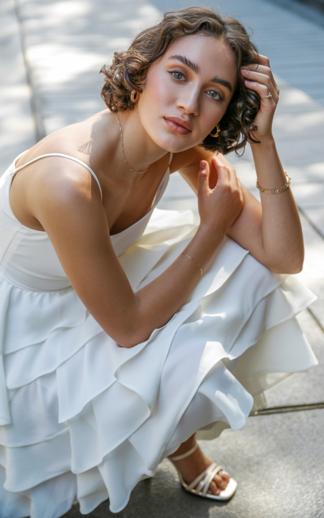 A natural-looking young beautiful woman wearing a white tiered ruffle dress with flowing layered fabric, delicate strappy heels, glossy lips, and minimal jewelry, styled with soft curls for a feminine graduation look full of movement