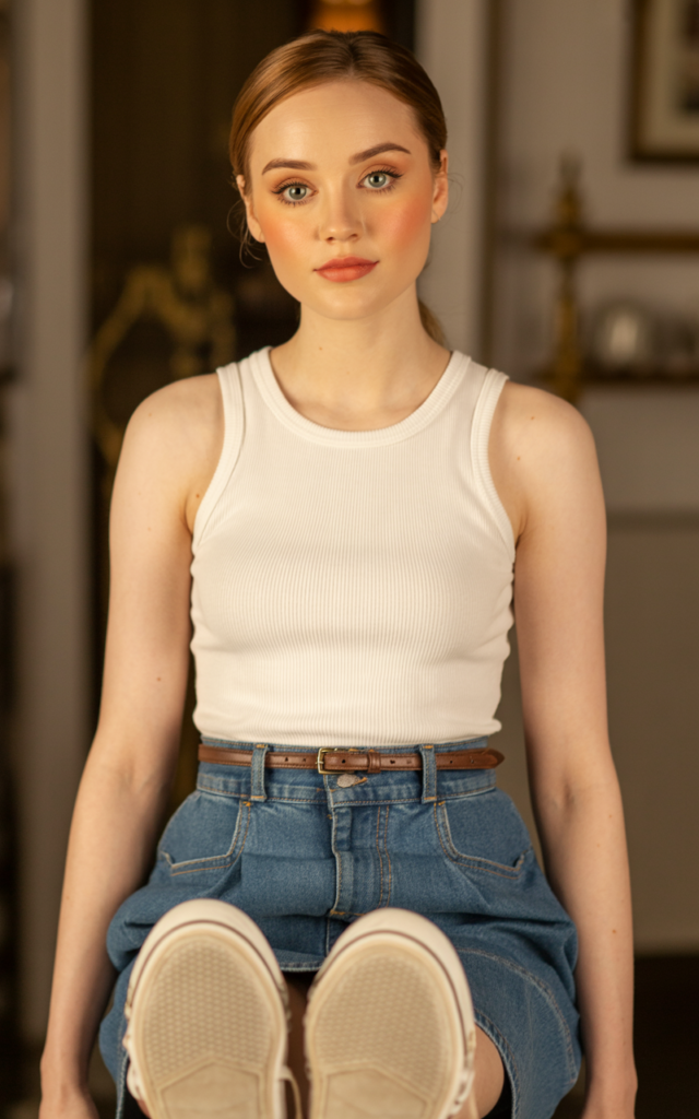 A natural-looking young beautiful woman wearing a high-waisted denim skirt with a fitted ribbed tank top tucked in, low-profile sneakers, a slim belt, and soft natural makeup for a retro-inspired Disney look.