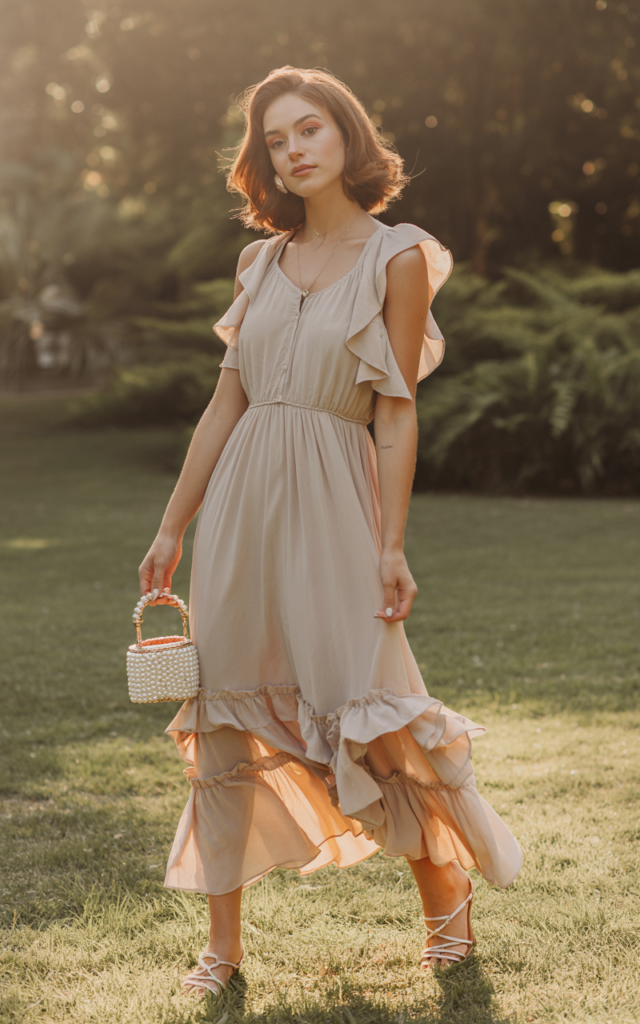 A natural-looking young beautiful woman wearing a flowy ruffled chiffon maxi dress with slim minimal sandals, a pearl mini bag, soft boho waves, and light natural makeup.