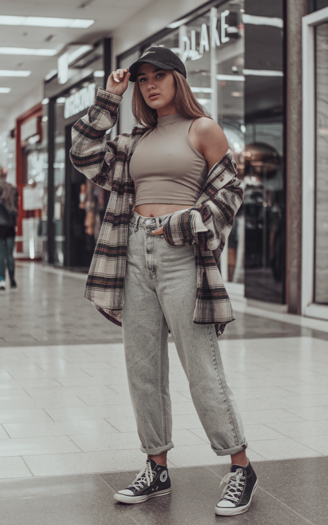 A natural-looking young beautiful woman wearing high-waisted mom jeans, a fitted neutral crop top, an oversized plaid flannel shirt worn open, classic Converse sneakers, and a baseball cap for a relaxed 90s inspired mall outfit