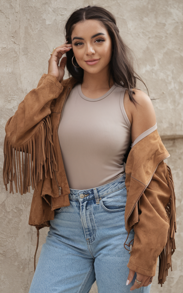 A natural-looking young beautiful woman wearing a neutral fitted tank top with straight-leg jeans layered under a suede fringe jacket, mid-calf cowboy boots, soft wavy hair, and bronzy makeup.
