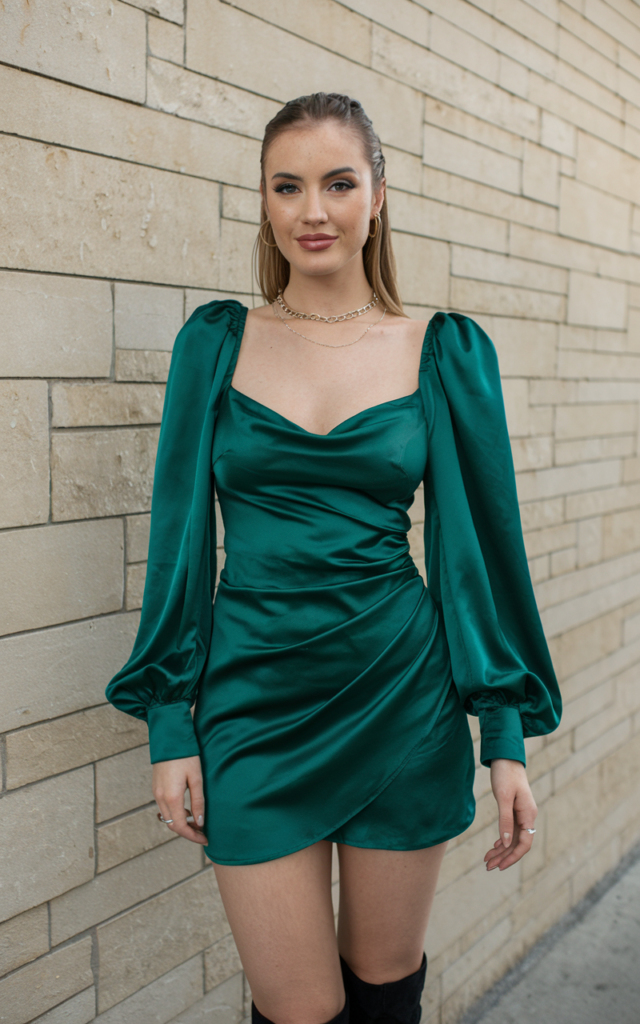 A natural-looking young beautiful woman wearing a jewel-toned satin mini dress in deep emerald with knee-high boots, minimal jewelry, a soft smoky eye, glossy lips, and sleek styled hair, styled for a Lauren Spencer Smith concert.