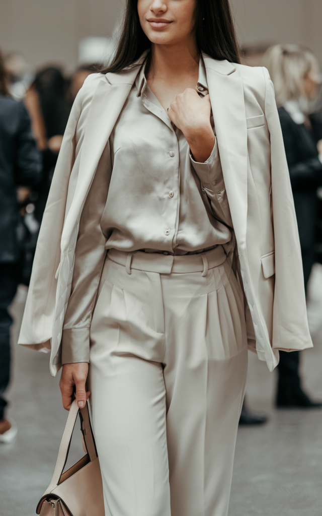 A natural-looking young beautiful woman wearing a monochrome beige outfit with tailored trousers, a silky blouse, a structured blazer, matching neutral heels, and a minimal handbag for a sleek career fair style.