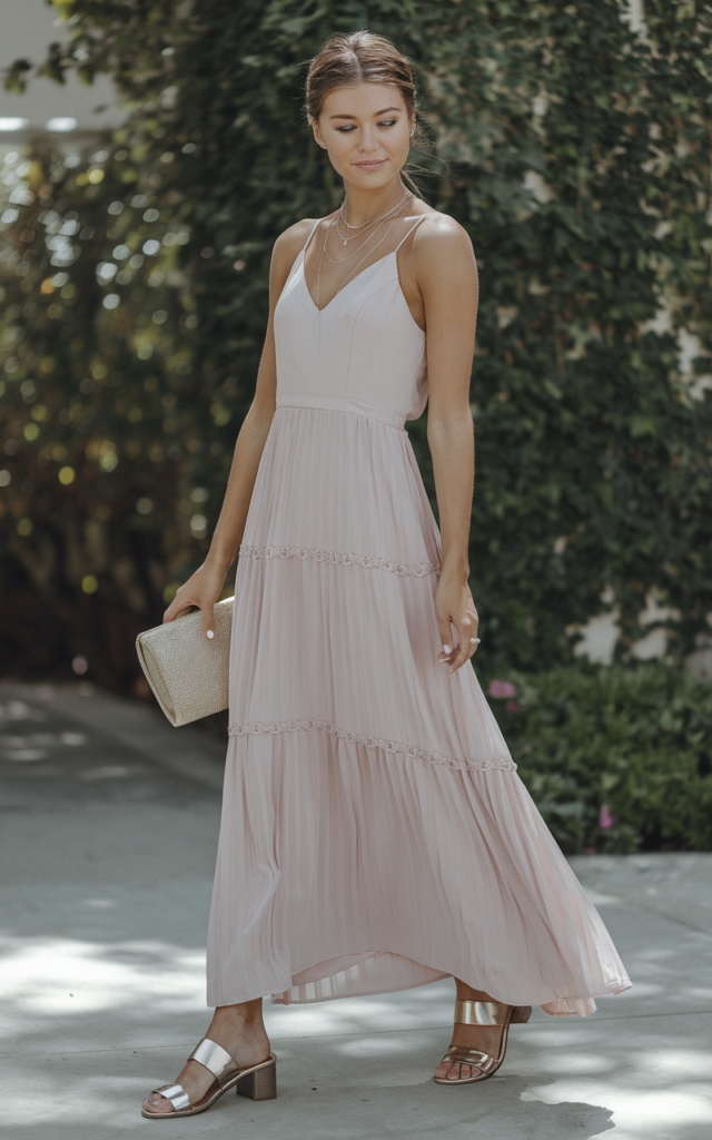 A natural-looking young beautiful woman wearing a flowing pastel chiffon maxi dress with metallic sandals, a layered delicate necklace, a small clutch bag, and a relaxed low bun hairstyle for an airy spring wedding guest outfit
