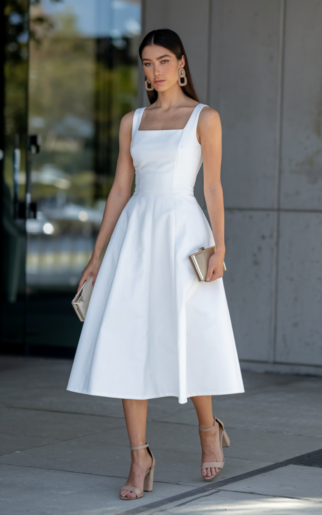A natural-looking young beautiful woman wearing a structured white midi dress with a square neckline, minimalist ankle-strap sandals, bold statement earrings, and a sleek clutch, styled with polished straight hair for a sophisticated graduation outfit